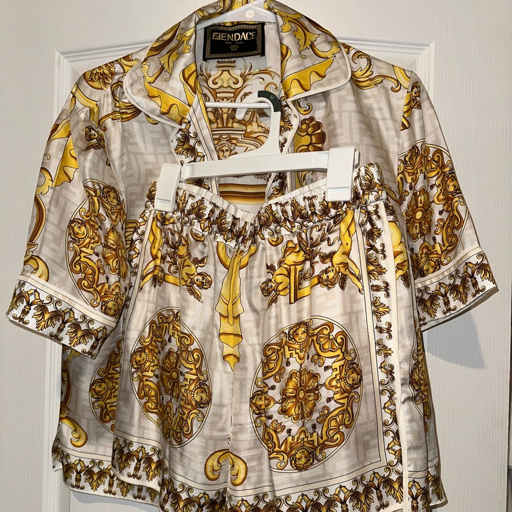 Fendi x Versace FENDANCE Collaboration Gold Barocco Silk Shirt and Shorts